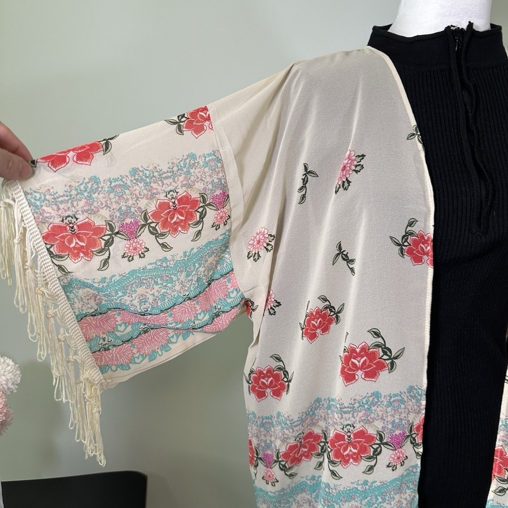 Silk Blend Sheer Floral Kimono Cardigan Boho Fringe‎ Ivory Beach XS S - Picture 5 of 9
